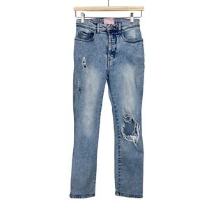 Revice Denim High Rise Distressed Straight Leg Jeans Light Acid Wash Size 29